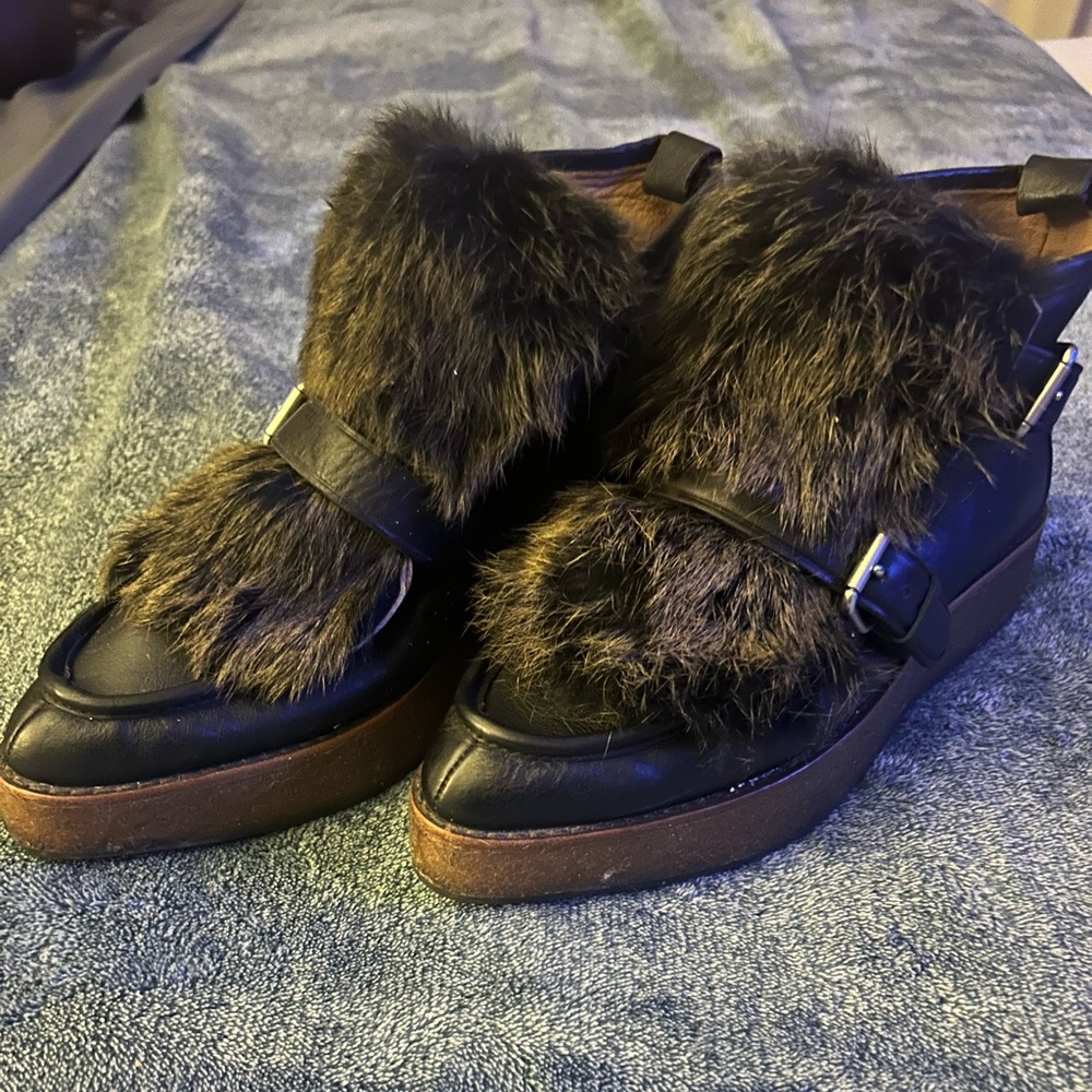Coach Black Leather Ankle Boots with Fur Trim